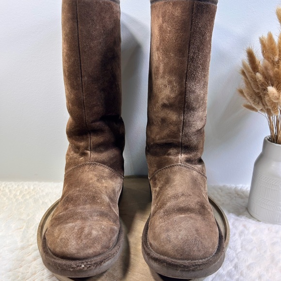 UGG Knightsbridge Brown Suede Shearling Women Size 8 Tall Back Zip Boots - Picture 3 of 15